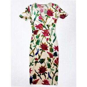 ZARA Trafaluc Floral Velvet Midi Dress Cream Pink Green Blue Short Sleeve